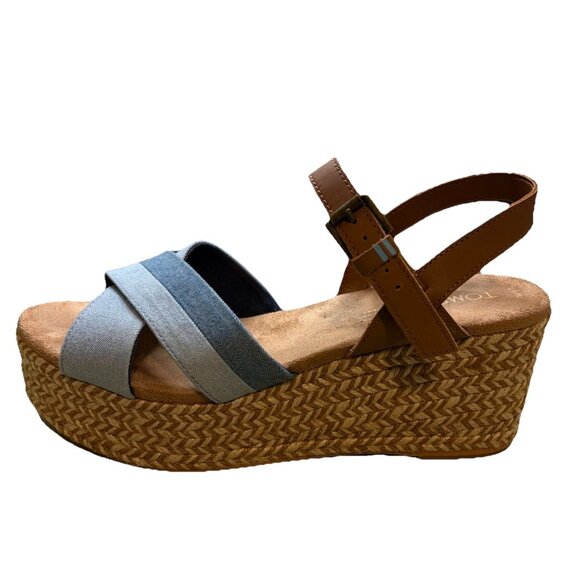 Toms Sandals Size 9.5 Willow Platform Wedge Blue Denim Tan Leather Espadrille - Picture 3 of 8